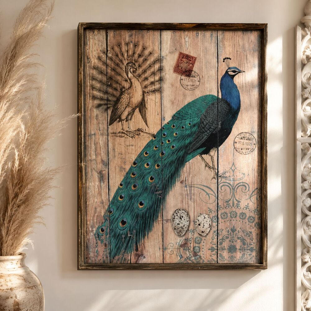Boho Peacock Wall Art Rustic Farmhouse Teal Bird Framed Decor